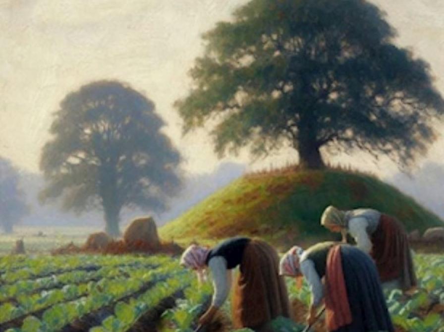 Maleri i guldalderstil af kvinder i en roemark