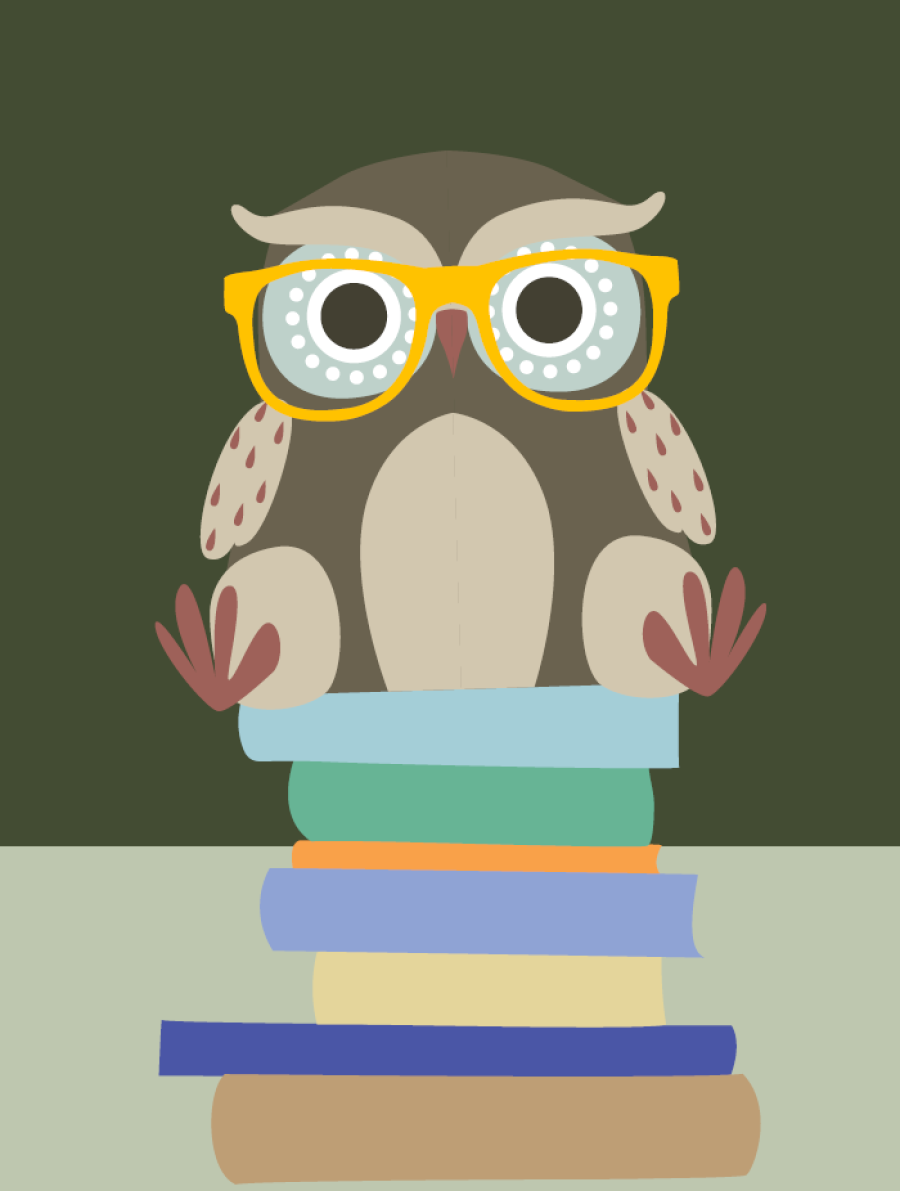 Ugle med briller på en stak bøger