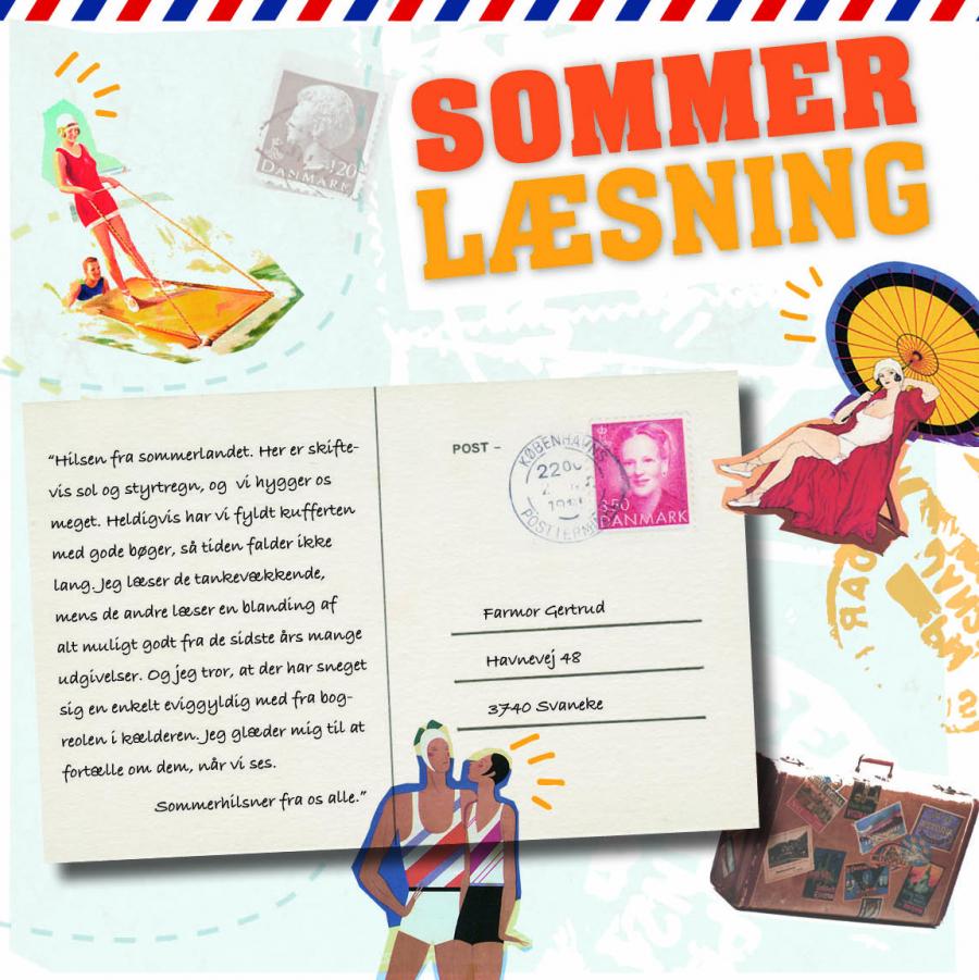 Postkort med stickers og titlen sommerlæsning